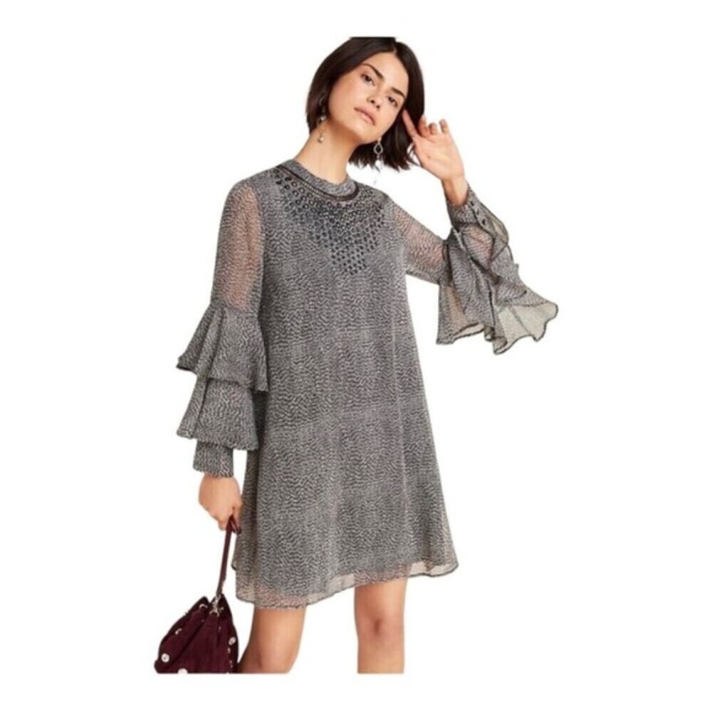 Ranna Gill Dress XS Black Gray Flutter Ruffle Extra Small